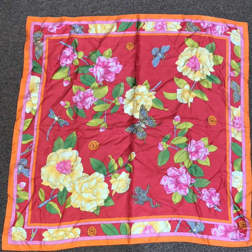 Adrienne Landau Studio Square Red Floral Silk Scarf